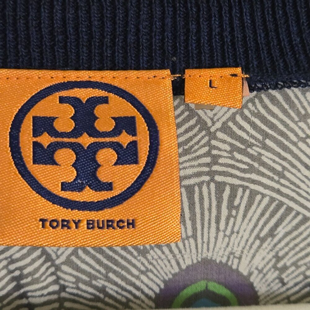 Tory Burch Jacet Peacock Silk Back Logo Button Pocket Cardigan Sweater Size L - Picture 9 of 10